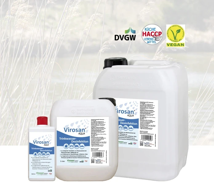 virosan aqua frischwasserdesinfektion, erhältlich in den größen 500 ml, 5 liter und 20 liter