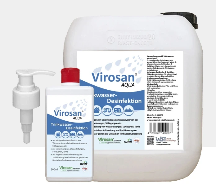 vorteilspaket virosan aqua, bestehend aus der 500 ml euroflasche, dem 5 liter kanister und einer dosierpumpe