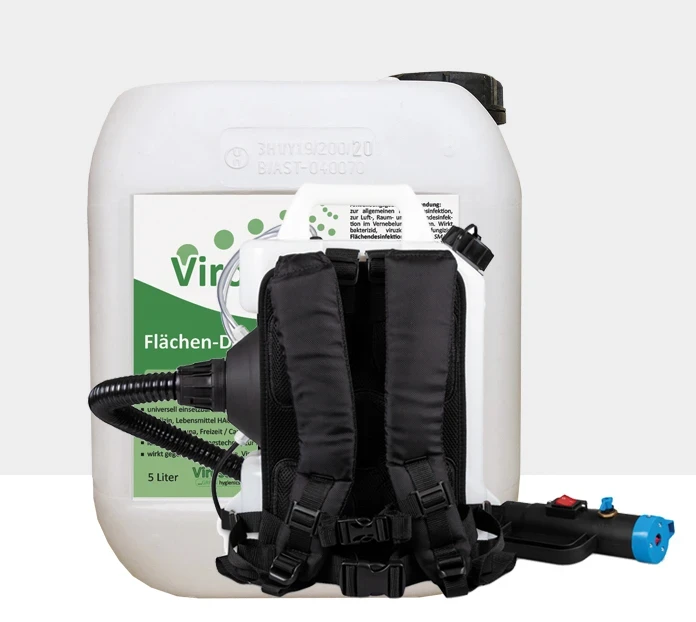fogger backpack 10 liter, einsatz zur kaltvernebelung und desinfektion mit virosan smart